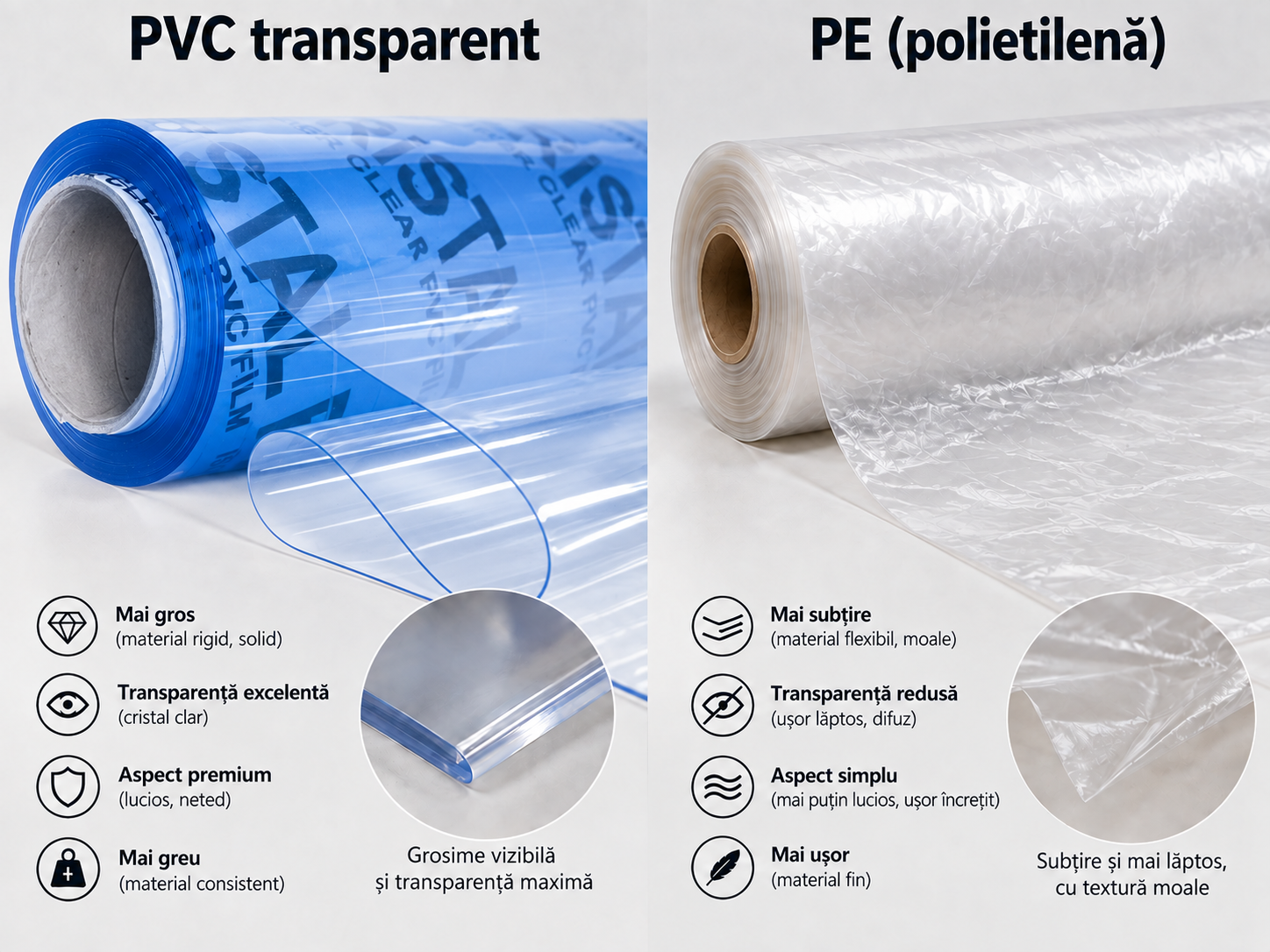 Infografic comparativ folie PVC transparentă vs folie PE (polietilenă): claritate, rezistență, grosime, greutate, preț și 6 pași de verificare