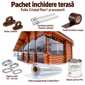 Kit complet accesorii montaj închidere terasă – bandă tiv, adeziv, capse ovale, bride rotative, curelușe