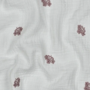 Material Muselină Brodată Buchețele de Flori, 100% bumbac - White - Img 2