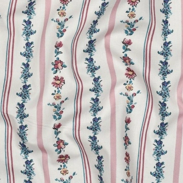 Poplin Premium Imprimat Digital Flori și Dungi - Alb