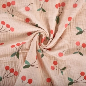 Material Muselină Imprimată Cireșe, 100% bumbac- Pink & Red