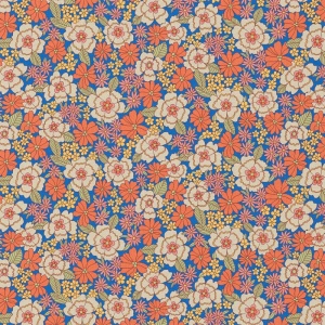 Bumbac Imprimat Flori - Blue & Orange - Img 2