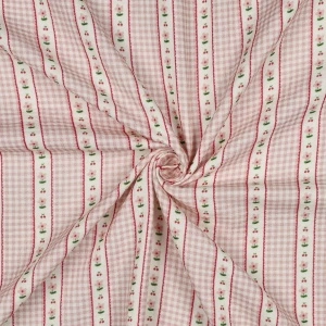 Material Muselină Imprimată Flori și Dungi, 100% bumbac - Pink - Img 3