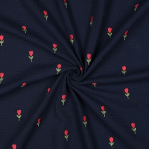 Muselină Brodata Floricele - Navy - Img 3