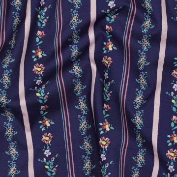 Poplin Premium Imprimat Digital Flori si Dungi - Navy