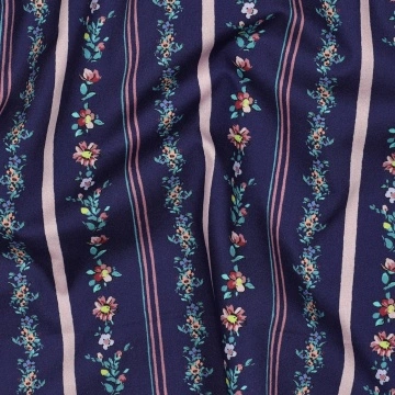 Poplin Premium Imprimat Digital Flori și Dungi - Navy