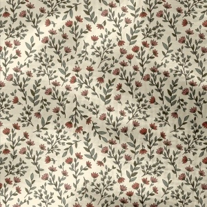 Material Muselină Imprimată Flori, 100% bumbac - Ecru & Green