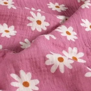 Material Muselină Imprimată Margarete, 100% bumbac - Pink