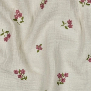 Material Muselină Brodată Flori, 100% bumbac - Natural