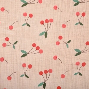 Material Muselină Imprimată Cireșe, 100% bumbac- Pink & Red - Img 2