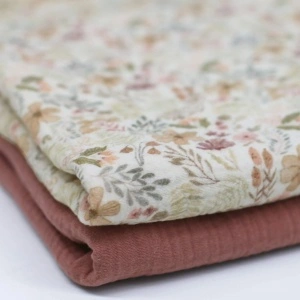 Material Muselină Imprimată Flori, 100% bumbac - Beige Forest Plants