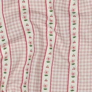 Material Muselină Imprimată Flori și Dungi, 100% bumbac - Pink