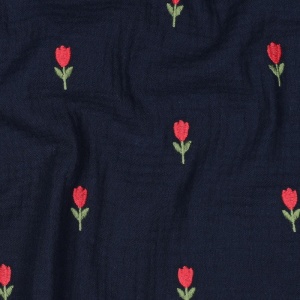 Muselină Brodata Floricele - Navy