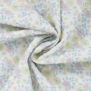 Material Bumbac Dobby Imprimat - Flori Ecru