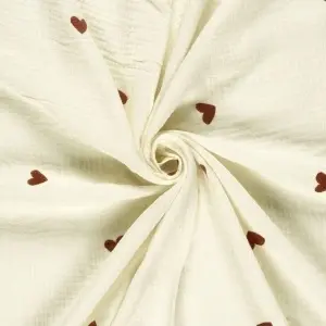 Material Muselină Brodată Inimi, 100% bumbac - Off White