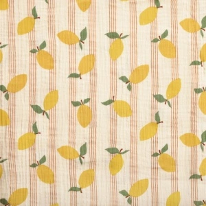Material Muselină Imprimată Lămâi, 100% bumbac - Ecru & Yellow
