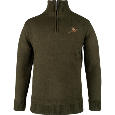 Pulover Jack Pyke cu Motiv Fazan și Semi-Fermoar – Olive Închis