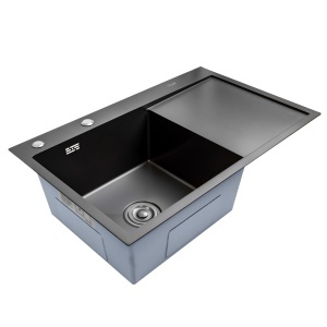 Chiuveta bucatarie BÖHM BH7849LBA, inox alimentar SUS304, 780 x 490 x 220 mm, finisaj Negru, picurator dreapta, sifon inclus