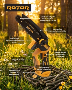Fierastrau cu lant si acumulator ROTOR RMC21-8, 21V / 2Ah, Brushless , Ungere lanț , - Img 12