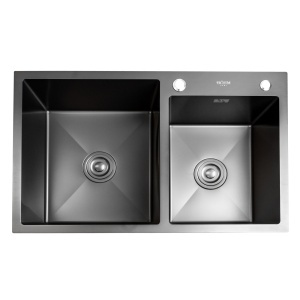 Chiuveta dubla bucatarie BÖHM BH7849DBA, inox alimentar SUS304, 780 x 490 x 220 mm, 2 cuve, finisaj Negru, sifon inclus - Img 3