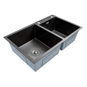 Chiuveta dubla bucatarie BÖHM BH7849DBA, inox alimentar SUS304, 780 x 490 x 220 mm, 2 cuve, finisaj Negru, sifon inclus