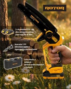 Fierastrau cu lant si acumulator ROTOR RMC21-8, 21V / 2Ah, Brushless , Ungere lanț , - Img 11