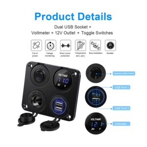 Panou auto, cu voltmetru si bricheta auto, priza auto 12V, 2x incarcator USB, pentru masina, camion Negru ATA02117