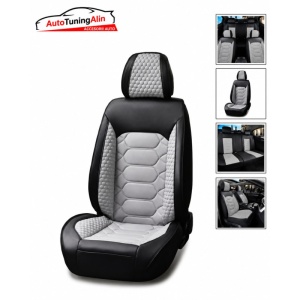 Set huse scaun universale din piele ecologica negru cu gri ,set complet fata-spate - Img 2