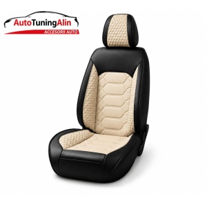 Set huse scaune auto universale, piele ecologica negru cu crem, fata-spate - Img 2
