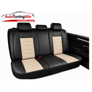 Set huse scaune auto universale, piele ecologica negru cu crem, fata-spate - Img 3