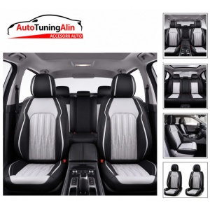 Set huse scaune auto universale,piele ecologica premium, gri cu negru, fata-spate