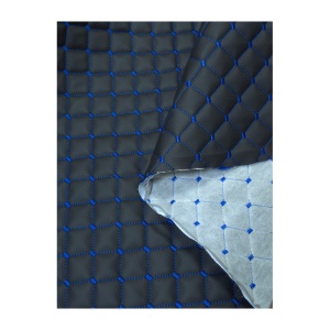 Piele ecologica neagra cu romburi si cusatura albastra pentru tapiterie auto - Img 2