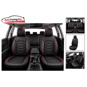 Set Huse Scaune auto universale ,piele ecologica negru cu cusatura rosie