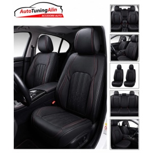 Set huse auto universale Premium din Piele Ecologica neagra cu cusatura rosie - Img 3