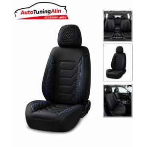 Set Huse Scaune Auto Universale -material textil negru cu dunga albastra,fata -spate - Img 2