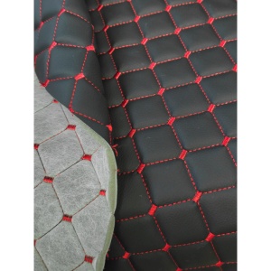 Piele ecologica neagra cu romburi si cusatura rosie pentru tapiterie auto - Img 3