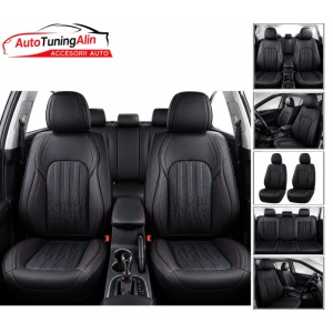 Set huse auto universale Premium din Piele Ecologica neagra cu cusatura rosie