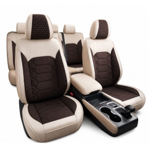 Set huse scaune auto universale,crem cu maro , material textil, Fata-spate