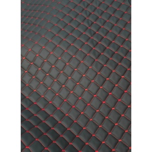 Piele ecologica neagra cu romburi si cusatura rosie pentru tapiterie auto - Img 2