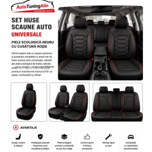 Set Huse Scaune auto universale ,piele ecologica negru cu cusatura rosie - Img 3