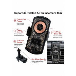 Suport Telefon Auto A6 cu Incarcare Wireless 15W si Touch Control - Img 2