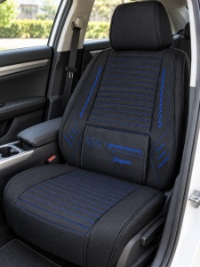 Husa auto Individuala Pentru Scaun Fata,material textil,suport lombar,negru cu cusaturi albastre