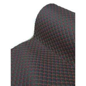 Piele ecologica neagra cu romburi si cusatura rosie pentru tapiterie auto