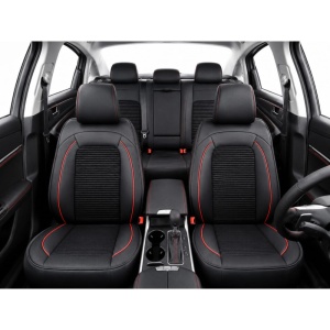 Set huse scaune auto imitatie piele + material textil universale de lux ,negru cu cusaturi rosii