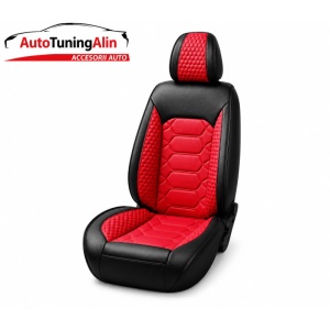Set huse scaune auto universale, piele ecologica negru cu rosu, fata-spate - Img 2