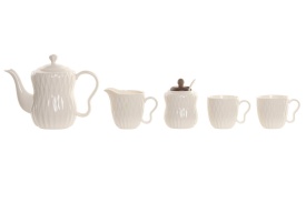 Set cafea elegantă din porțelan cu ceainic, zaharniță și tavă din bambus - Img 4