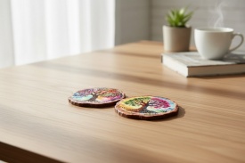 Suporturi pahare Copacul Vieții design artistic colorat, bază din plută - Img 3