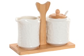 Set zaharniță/lăptieră din porțelan cu suport și capac din bambus elegant pentru servire