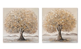 Tablou elegant decorativ canvaș în relief cu Copacul Vieții în culori bej aurii gri