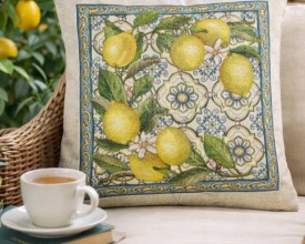 Față de pernă decorativă din goblen spaniol cu lămâi și motive mediteraneene - Img 2